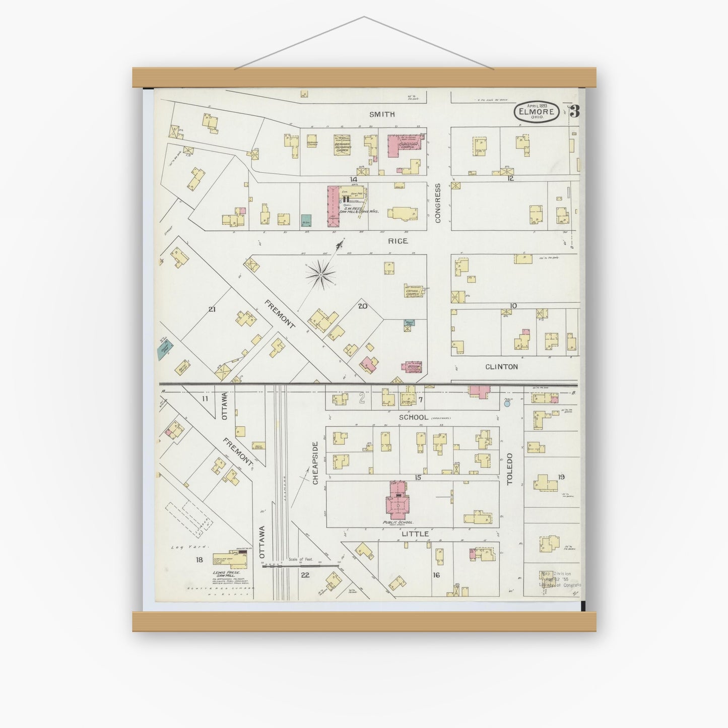 Old map wall art mockup — magnetic wood frame on white wall — Sanborn Fire Insurance Map from Elmore, Ottawa County, Ohio (1893), Sheet #0003