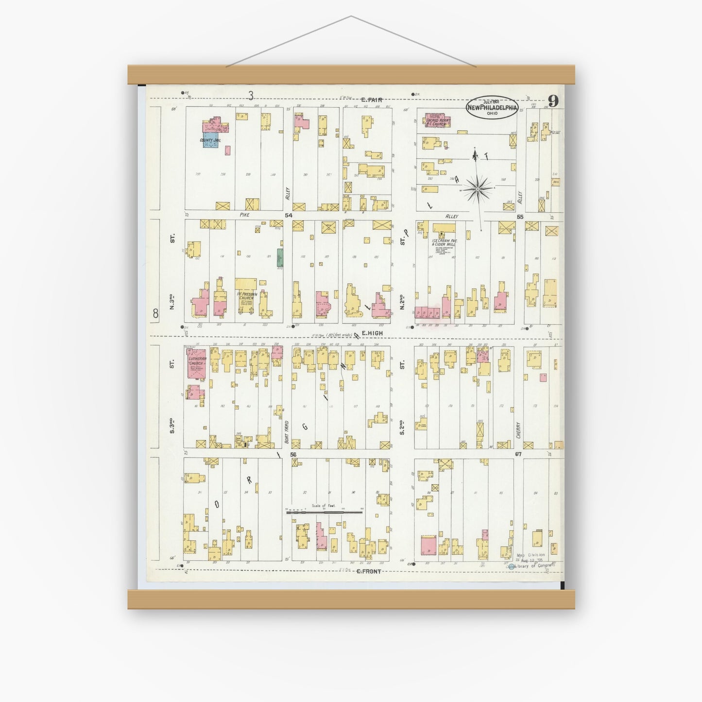 Old map wall art mockup — magnetic wood frame on white wall — Sanborn Fire Insurance Map from New Philadelphia, Tuscarawas County, Ohio (1901), Sheet #0009