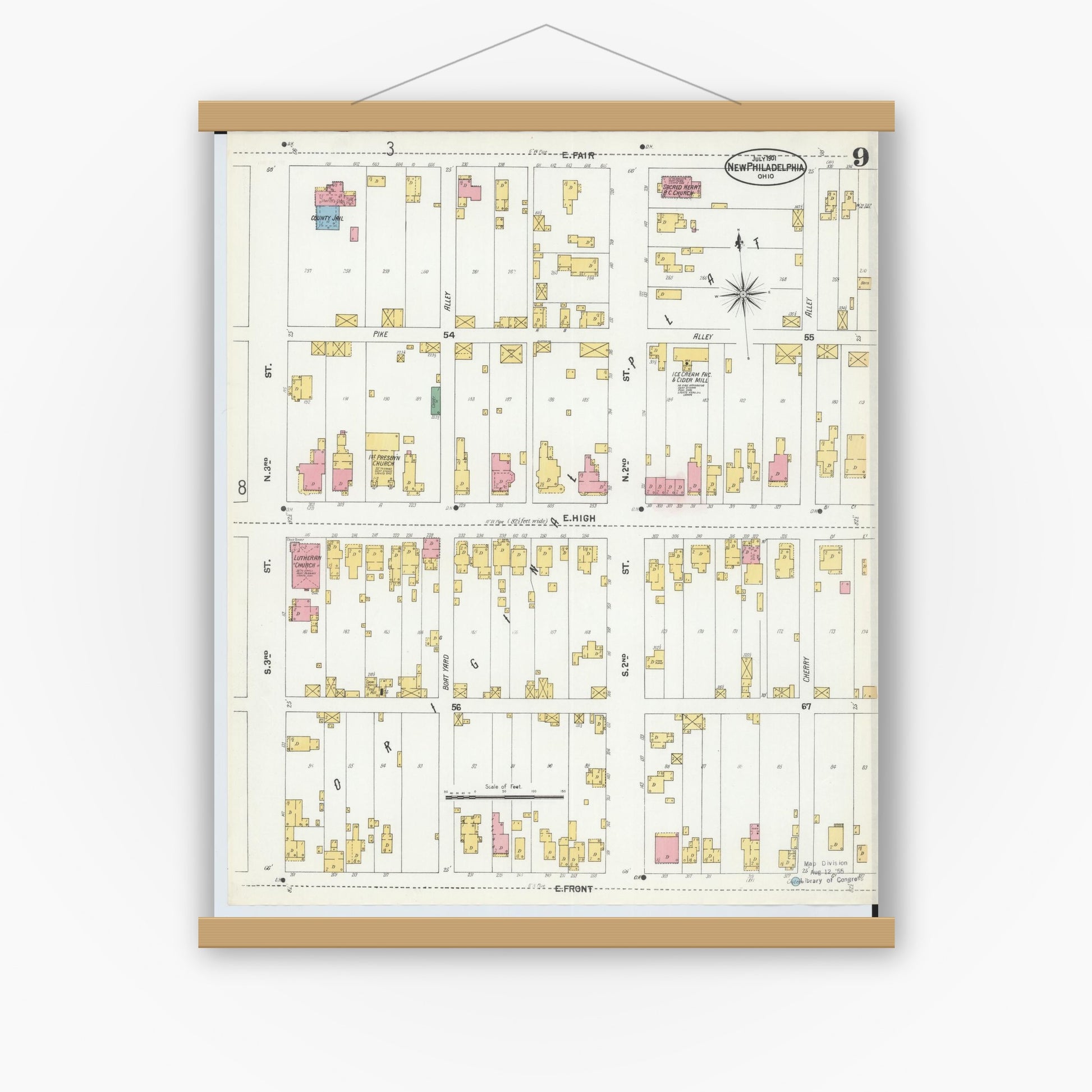 Old map wall art mockup — magnetic wood frame on white wall — Sanborn Fire Insurance Map from New Philadelphia, Tuscarawas County, Ohio (1901), Sheet #0009