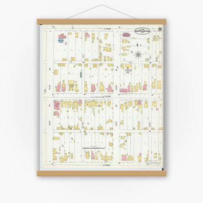 Old map wall art mockup — magnetic wood frame on white wall — Sanborn Fire Insurance Map from New Philadelphia, Tuscarawas County, Ohio (1901), Sheet #0009