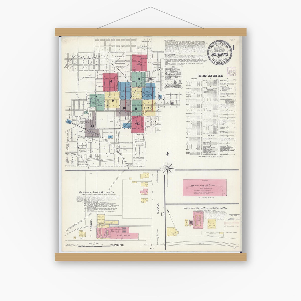 Old map wall art mockup — magnetic wood frame on white wall — Sanborn Fire Insurance Map from Independence, Jackson County, Missouri (1907) - Complete Map Set