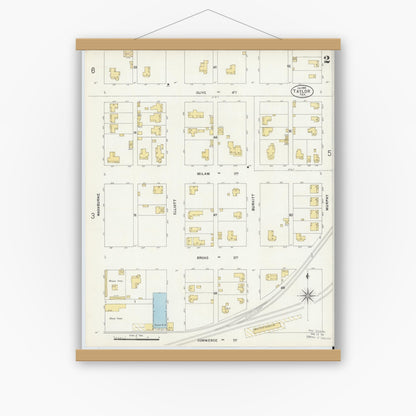 Old map wall art mockup — magnetic wood frame on white wall — Sanborn Fire Insurance Map from Taylor, Williamson County, Texas (1898), Sheet #0002