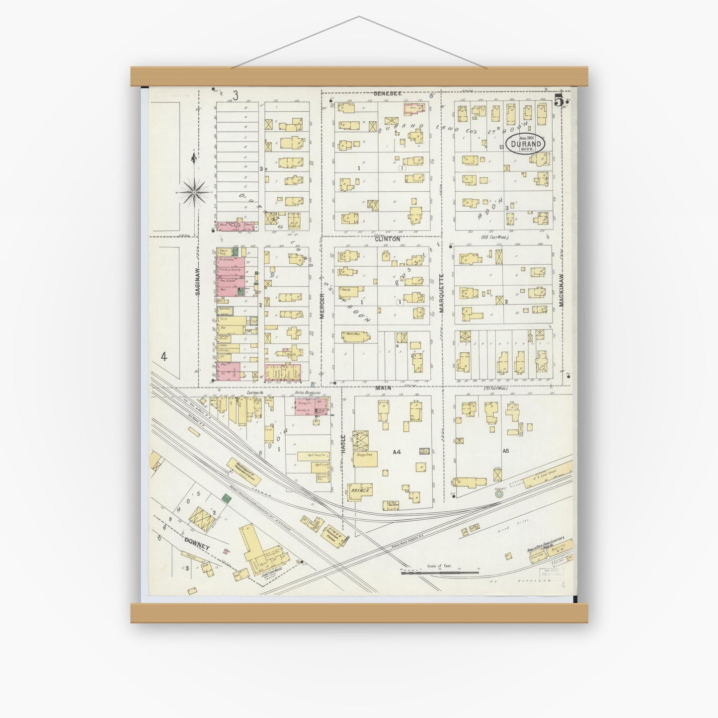 Old map wall art mockup — magnetic wood frame on white wall — Sanborn Fire Insurance Map from Durand, Shiawassee County, Michigan (1901), Sheet #0005