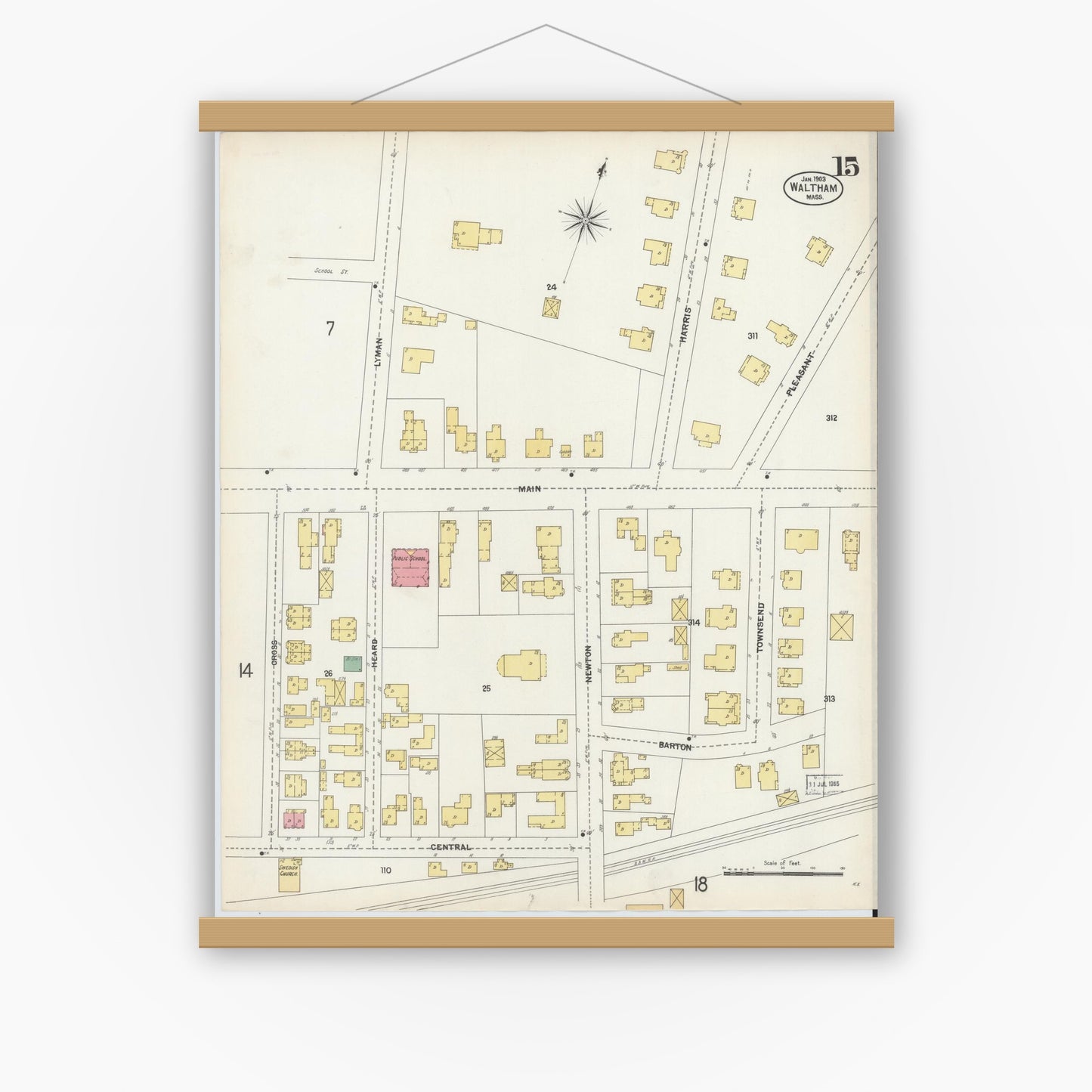 Old map wall art mockup — magnetic wood frame on white wall — Sanborn Fire Insurance Map from Waltham, Middlesex County, Massachusetts (1903), Sheet #0015