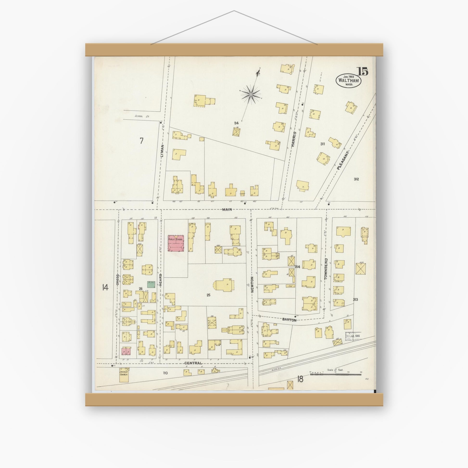 Old map wall art mockup — magnetic wood frame on white wall — Sanborn Fire Insurance Map from Waltham, Middlesex County, Massachusetts (1903), Sheet #0015
