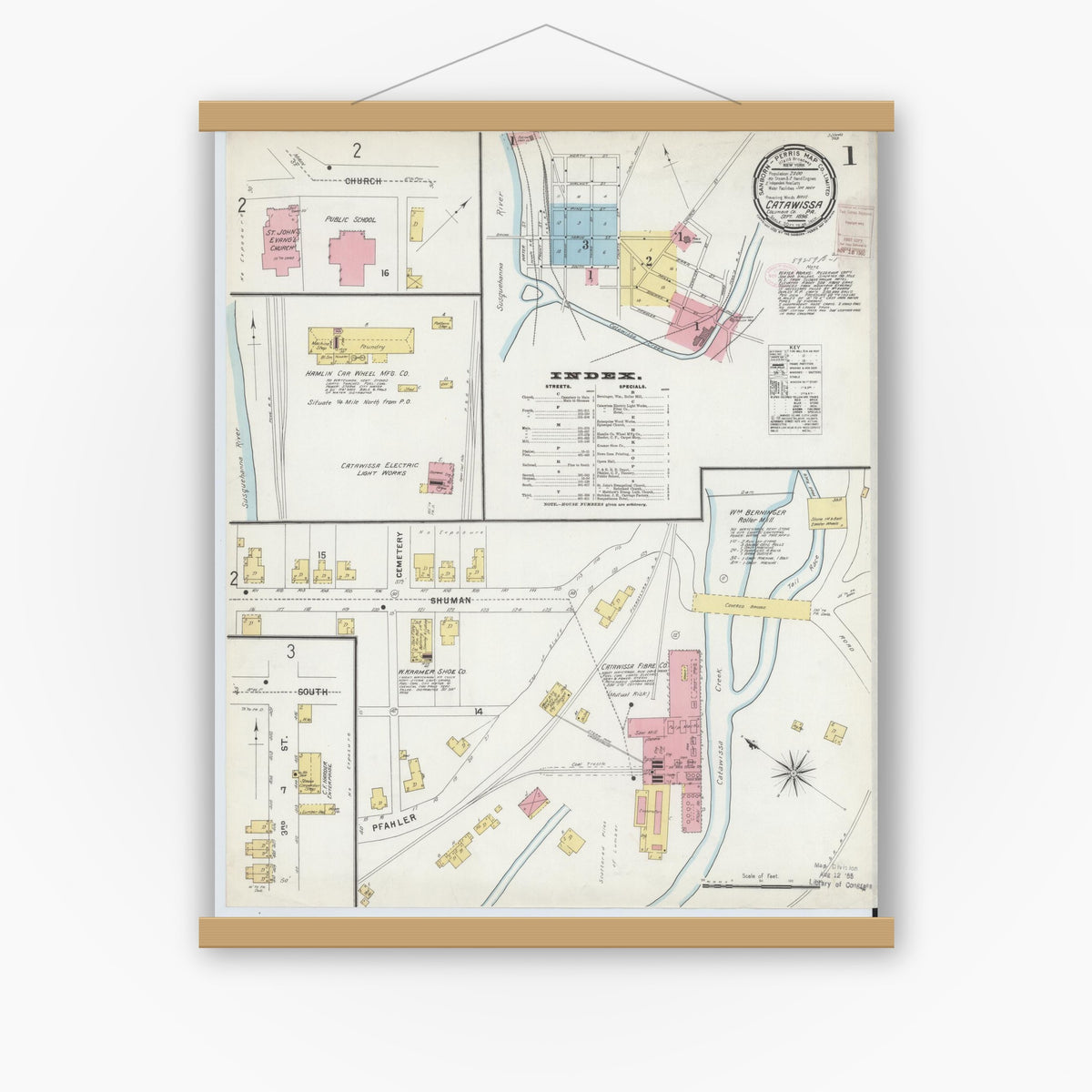 Old map wall art mockup — magnetic wood frame on white wall — Sanborn Fire Insurance Map from Catawissa, Columbia County, Pennsylvania (1896) - Complete Map Set