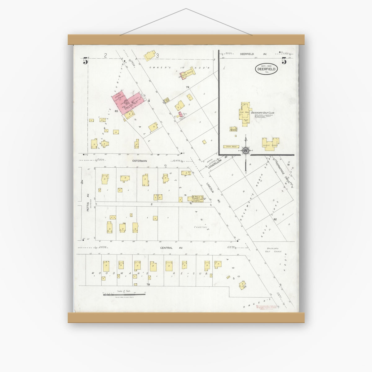Old map wall art mockup — magnetic wood frame on white wall — Sanborn Fire Insurance Map from Deerfield, Lake County, Illinois (1929), Sheet #0005