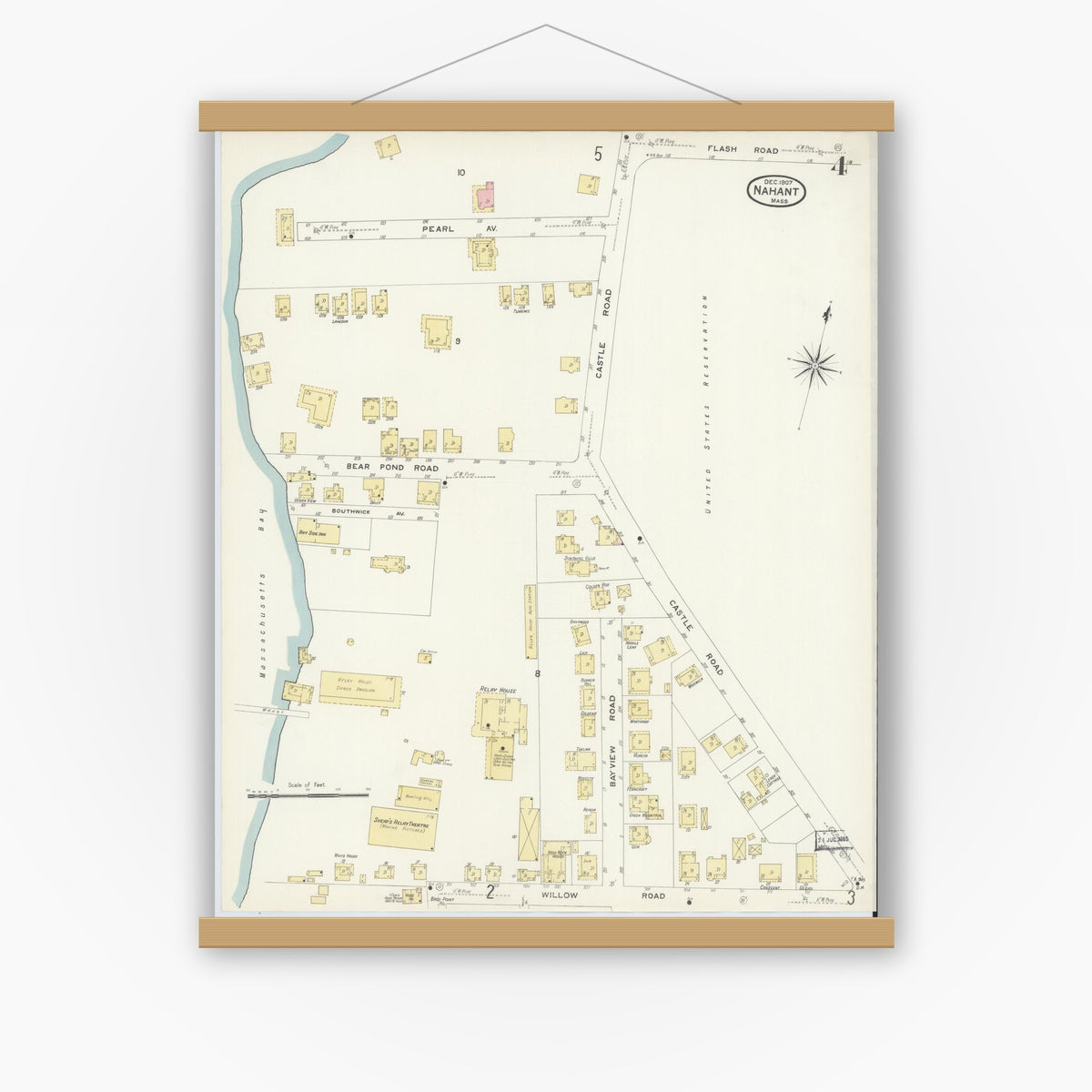 Old map wall art mockup — magnetic wood frame on white wall — Sanborn Fire Insurance Map from Nahant, Essex County, Massachusetts (1907), Sheet #0004