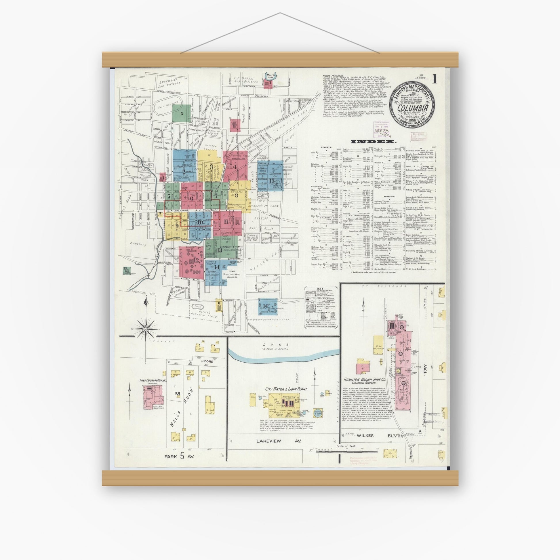 Old map wall art mockup — magnetic wood frame on white wall — Sanborn Fire Insurance Map from Columbia, Boone County, Missouri (1908) - Complete Map Set