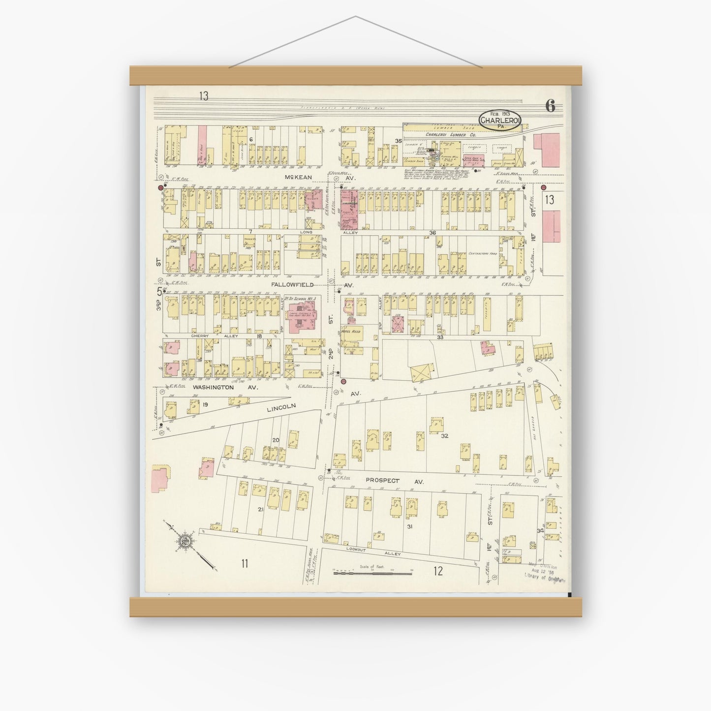 Old map wall art mockup — magnetic wood frame on white wall — Sanborn Fire Insurance Map from Charleroi, Washington County, Pennsylvania (1913), Sheet #0006