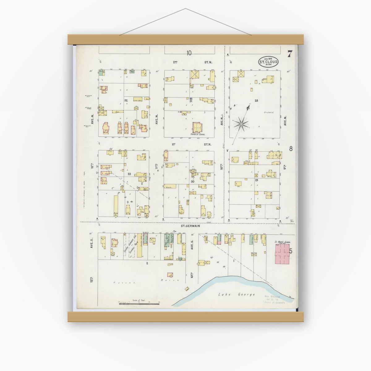 Old map wall art mockup — magnetic wood frame on white wall — Sanborn Fire Insurance Map from Saint Cloud, Stearns, Benton, and Sherburne Counties, Minnesota (1898), Sheet #0007