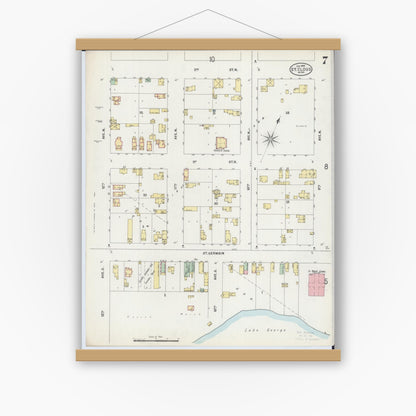 Old map wall art mockup — magnetic wood frame on white wall — Sanborn Fire Insurance Map from Saint Cloud, Stearns, Benton, and Sherburne Counties, Minnesota (1898), Sheet #0007