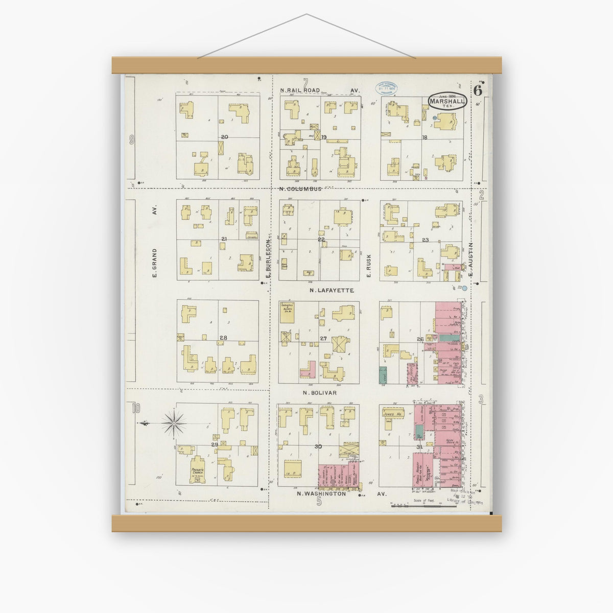 Old map wall art mockup — magnetic wood frame on white wall — Sanborn Fire Insurance Map from Marshall, Harrison County, Texas (1894), Sheet #0006