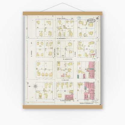 Old map wall art mockup — magnetic wood frame on white wall — Sanborn Fire Insurance Map from Marshall, Harrison County, Texas (1894), Sheet #0006