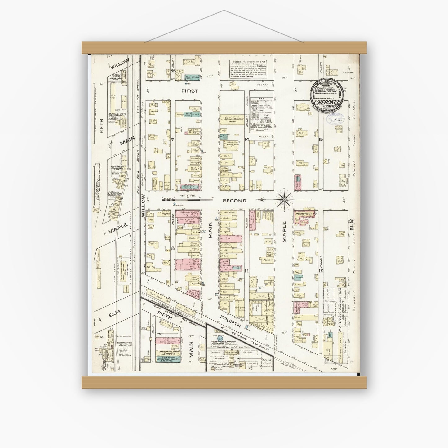 Old map wall art mockup — magnetic wood frame on white wall — Sanborn Fire Insurance Map from Cherokee, Cherokee County, Iowa (1883), Sheet #0001