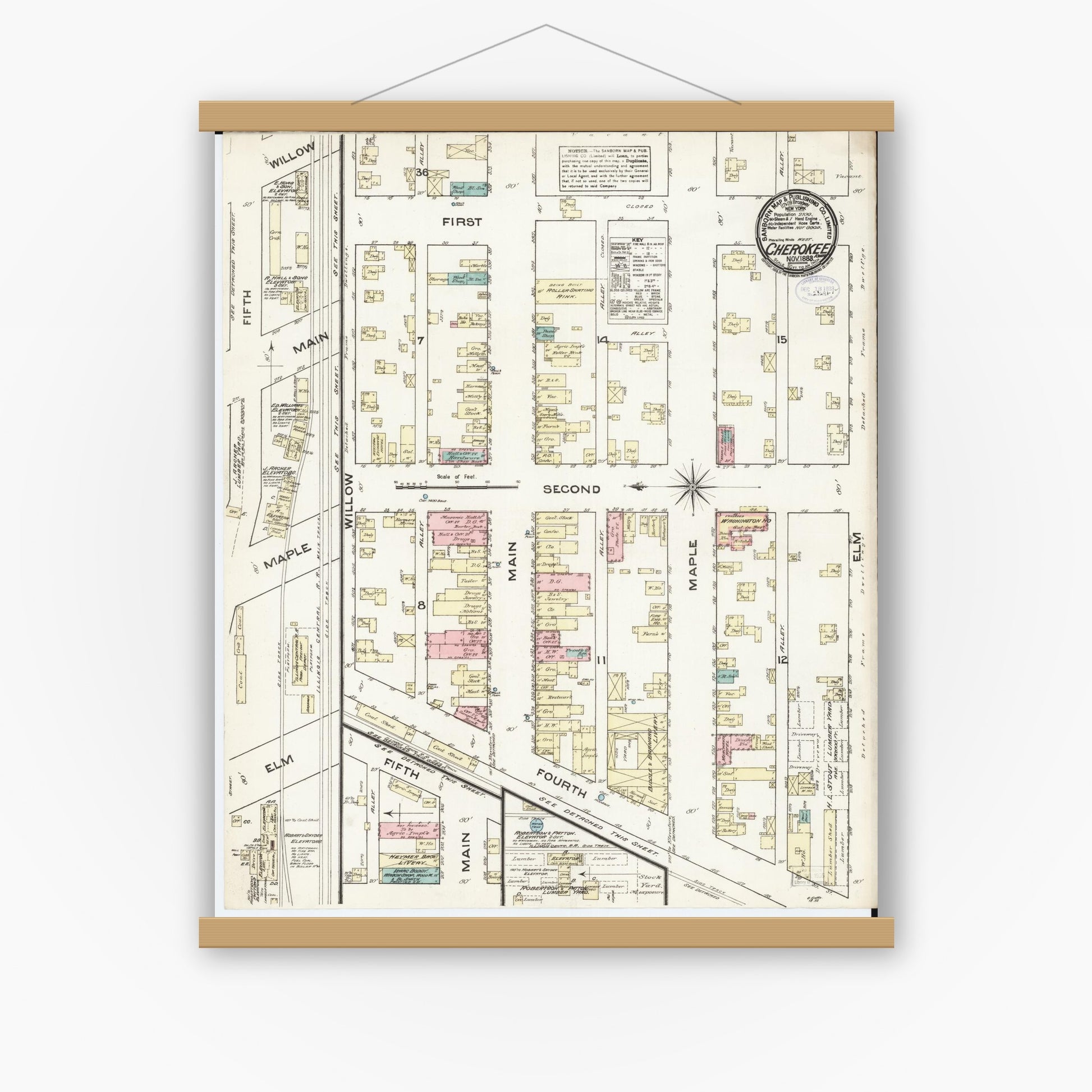 Old map wall art mockup — magnetic wood frame on white wall — Sanborn Fire Insurance Map from Cherokee, Cherokee County, Iowa (1883), Sheet #0001