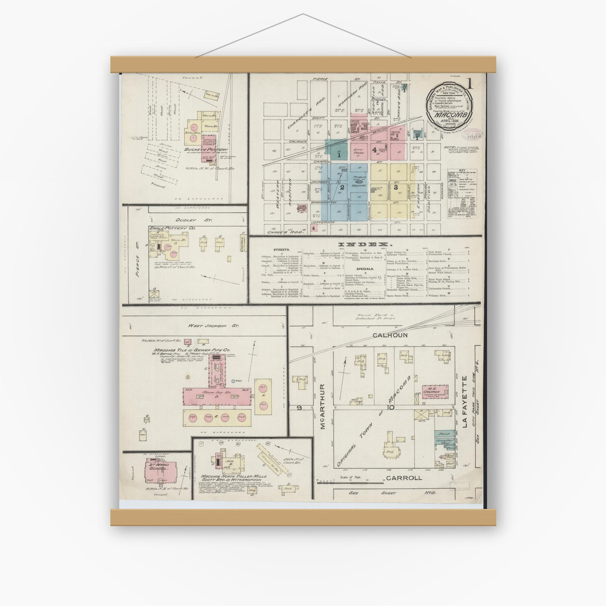 Old map wall art mockup — magnetic wood frame on white wall — Sanborn Fire Insurance Map from Macomb, Mcdonough County, Illinois (1886), Sheet #0001