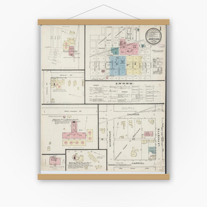 Old map wall art mockup — magnetic wood frame on white wall — Sanborn Fire Insurance Map from Macomb, Mcdonough County, Illinois (1886), Sheet #0001