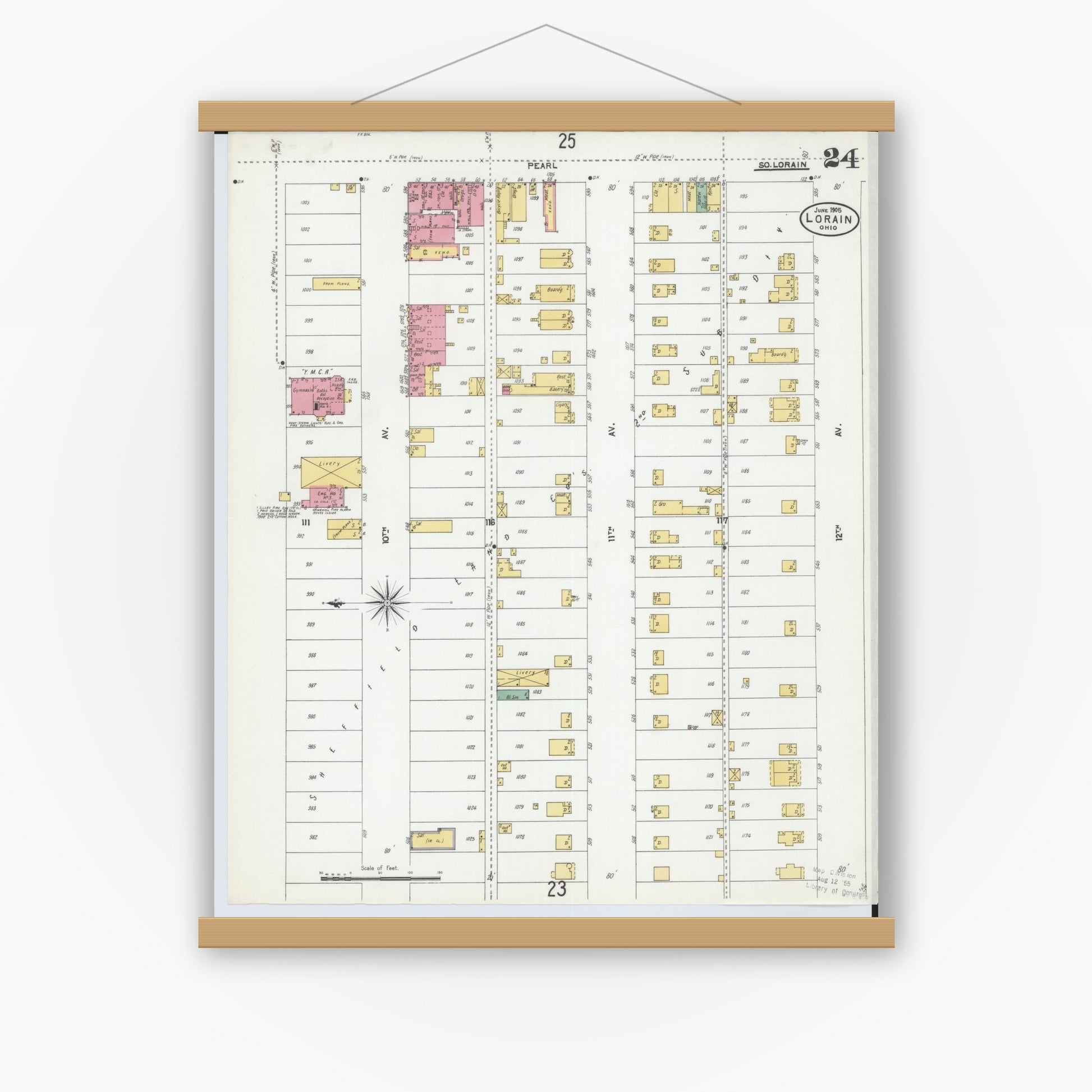 Old map wall art mockup — magnetic wood frame on white wall — Sanborn Fire Insurance Map from Lorain, Lorain County, Ohio (1905), Sheet #0024