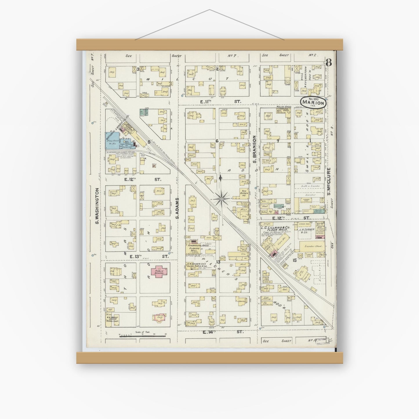 Old map wall art mockup — magnetic wood frame on white wall — Sanborn Fire Insurance Map from Marion, Grant County, Indiana (1890), Sheet #0008