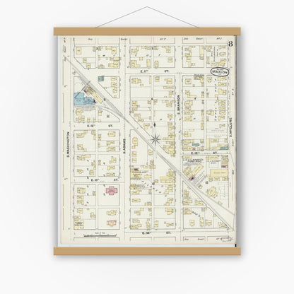 Old map wall art mockup — magnetic wood frame on white wall — Sanborn Fire Insurance Map from Marion, Grant County, Indiana (1890), Sheet #0008