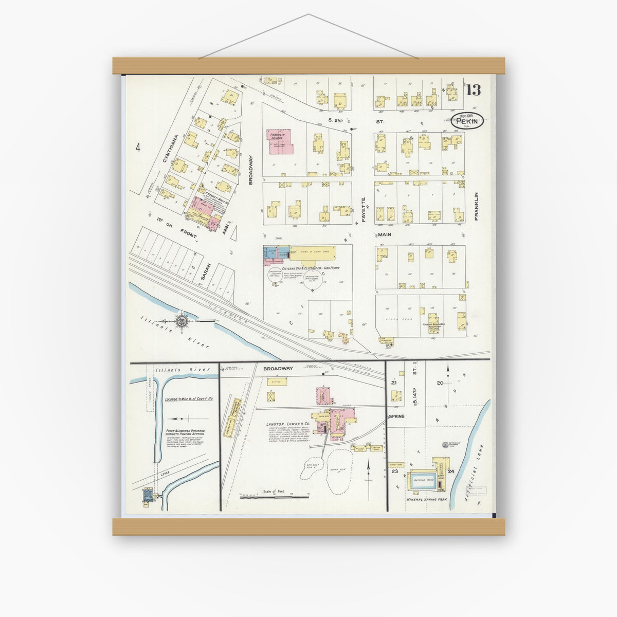 Old map wall art mockup — magnetic wood frame on white wall — Sanborn Fire Insurance Map from Pekin, Tazewell County, Illinois (1909), Sheet #0013