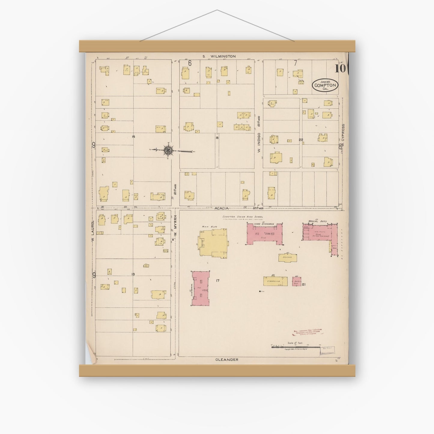 Old map wall art mockup — magnetic wood frame on white wall — Sanborn Fire Insurance Map from Compton, Los Angeles County, California (1922), Sheet #0010