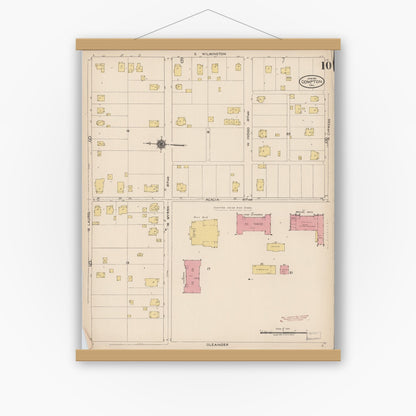 Old map wall art mockup — magnetic wood frame on white wall — Sanborn Fire Insurance Map from Compton, Los Angeles County, California (1922), Sheet #0010