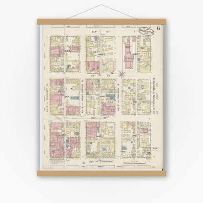 Old map wall art mockup — magnetic wood frame on white wall — Sanborn Fire Insurance Map from Galveston, Galveston County, Texas (1885), Sheet #0006