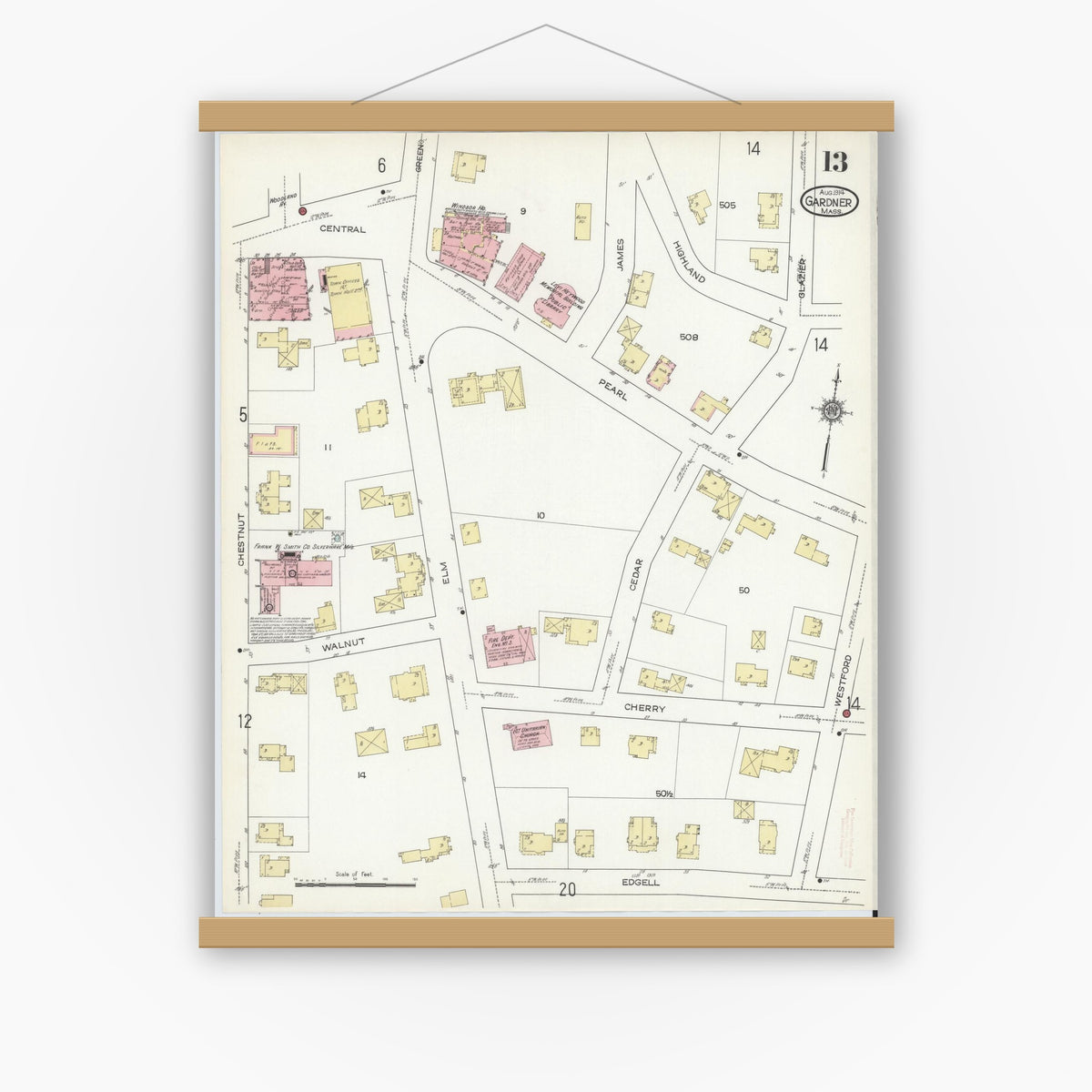 Old map wall art mockup — magnetic wood frame on white wall — Sanborn Fire Insurance Map from Gardner, Worcester County, Massachusetts (1914), Sheet #0013