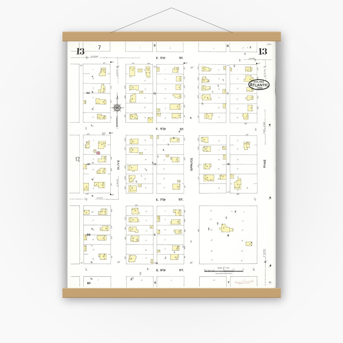 Old map wall art mockup — magnetic wood frame on white wall — Sanborn Fire Insurance Map from Atlantic, Cass County, Iowa (1923), Sheet #0013