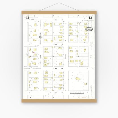 Old map wall art mockup — magnetic wood frame on white wall — Sanborn Fire Insurance Map from Atlantic, Cass County, Iowa (1923), Sheet #0013