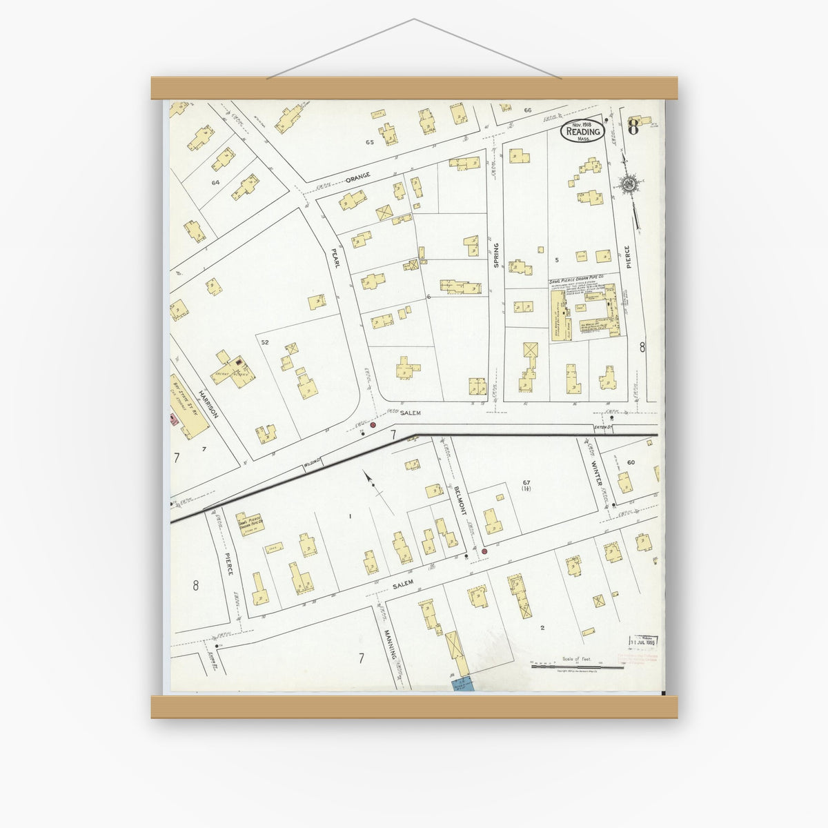 Old map wall art mockup — magnetic wood frame on white wall — Sanborn Fire Insurance Map from Reading, Middlesex County, Massachusetts (1918), Sheet #0008