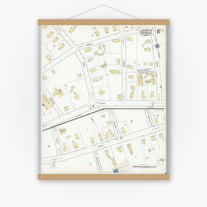 Old map wall art mockup — magnetic wood frame on white wall — Sanborn Fire Insurance Map from Reading, Middlesex County, Massachusetts (1918), Sheet #0008