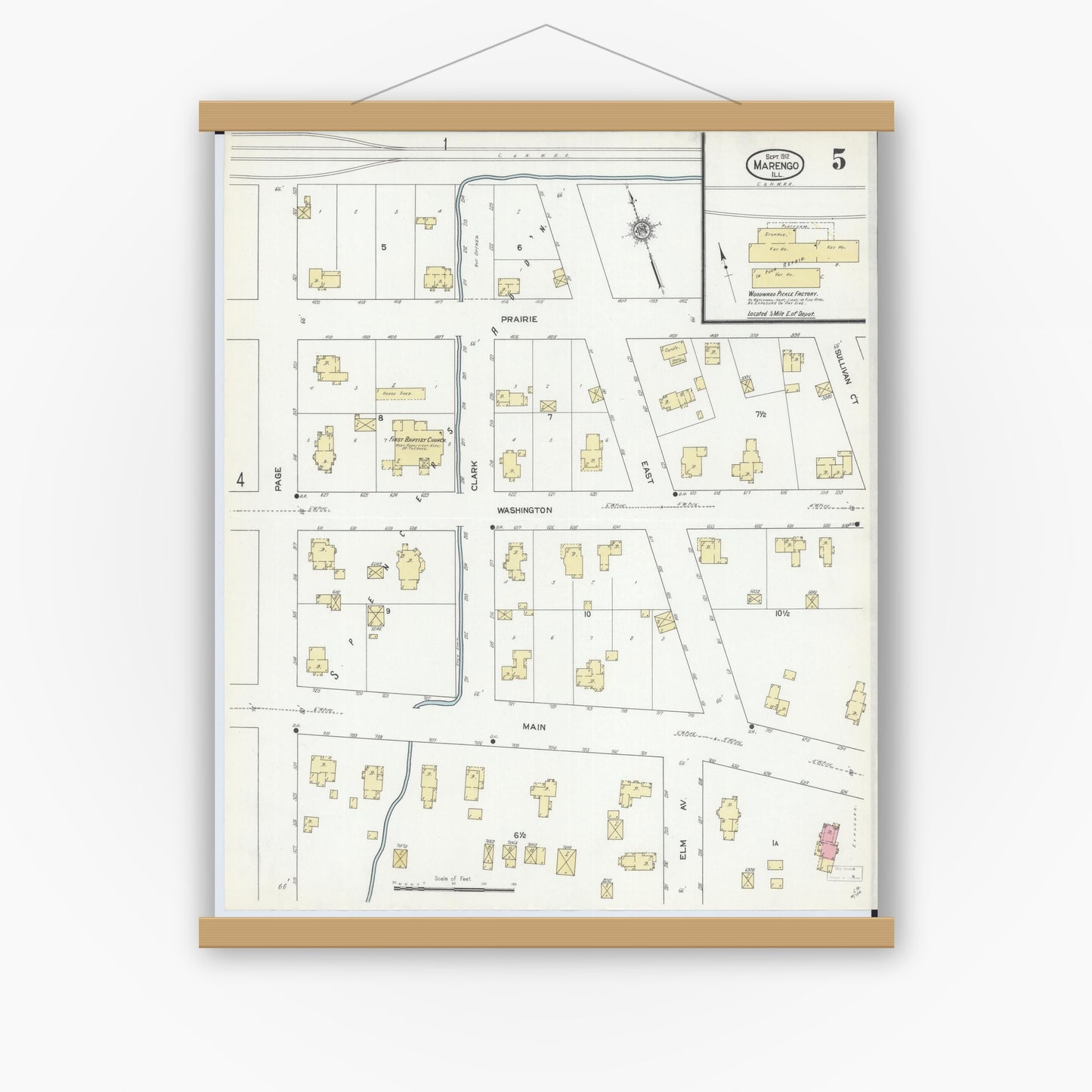Old map wall art mockup — magnetic wood frame on white wall — Sanborn Fire Insurance Map from Marengo, McHenry County, Illinois (1912), Sheet #0005
