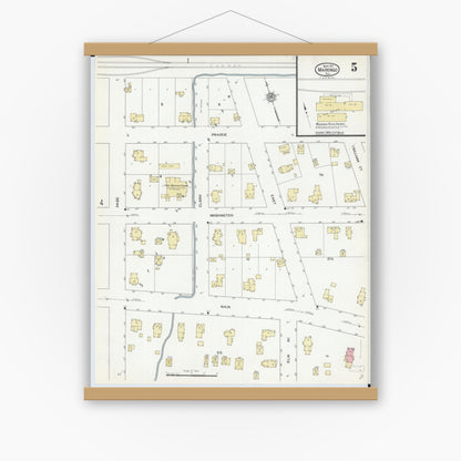 Old map wall art mockup — magnetic wood frame on white wall — Sanborn Fire Insurance Map from Marengo, McHenry County, Illinois (1912), Sheet #0005