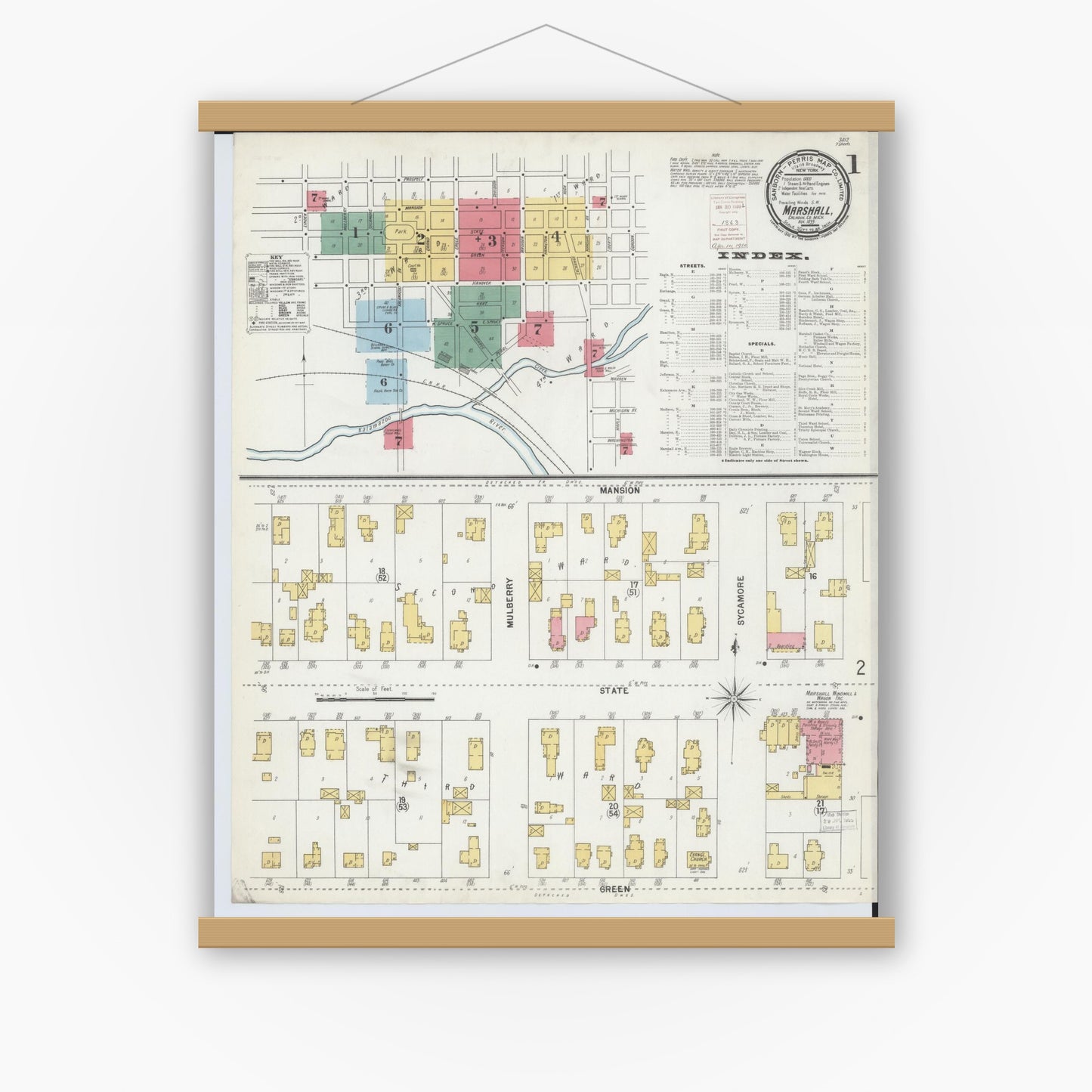 Old map wall art mockup — magnetic wood frame on white wall — Sanborn Fire Insurance Map from Marshall, Calhoun County, Michigan (1899) - Complete Map Set