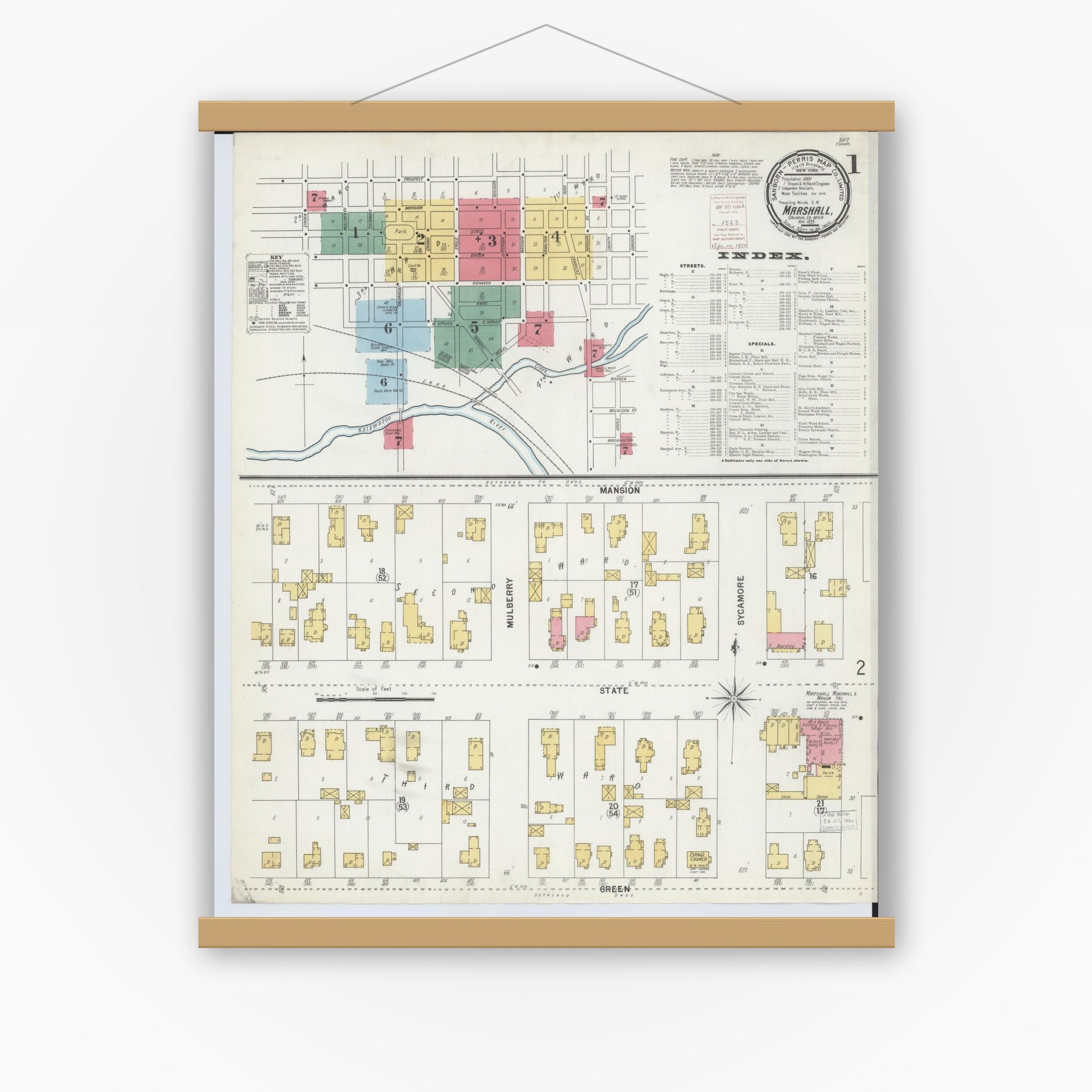 Old map wall art mockup — magnetic wood frame on white wall — Sanborn Fire Insurance Map from Marshall, Calhoun County, Michigan (1899) - Complete Map Set