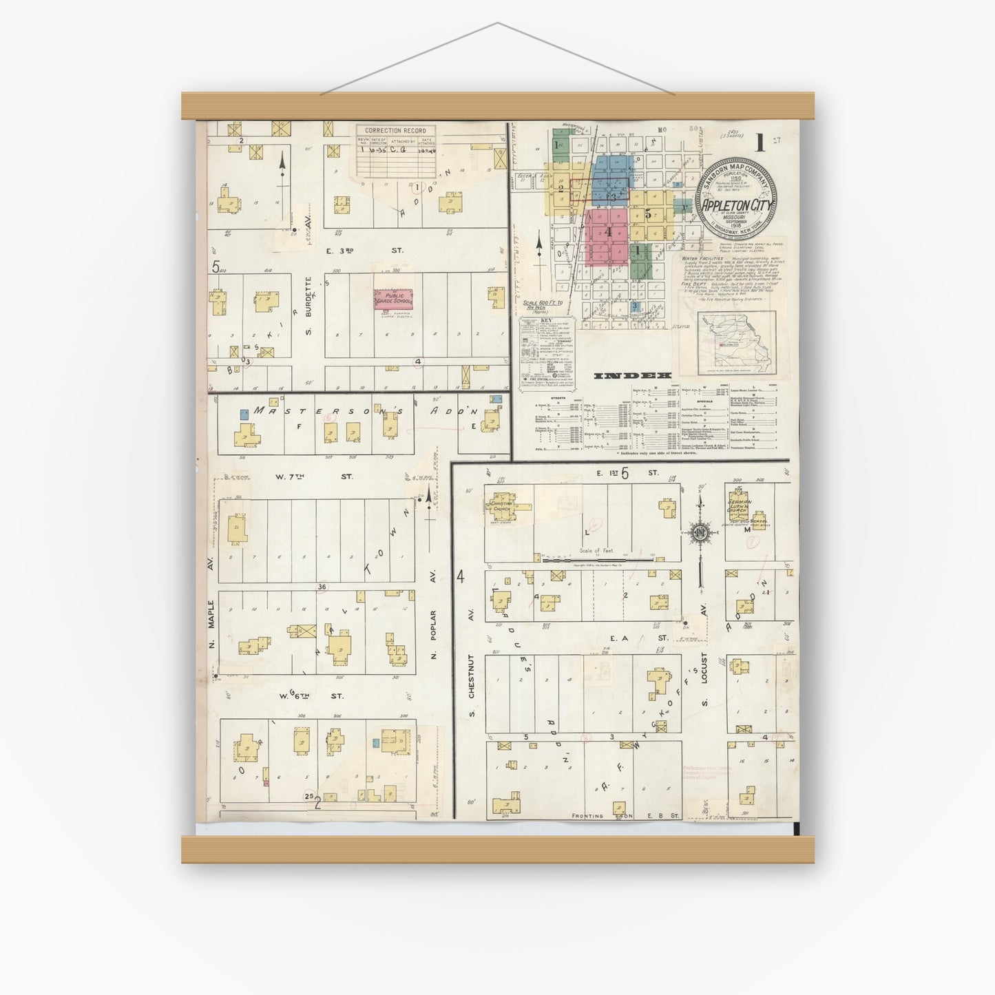 Old map wall art mockup — magnetic wood frame on white wall — Sanborn Fire Insurance Map from Appleton City, Saint Clair County, Missouri (1935) - Complete Map Set
