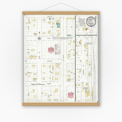 Old map wall art mockup — magnetic wood frame on white wall — Sanborn Fire Insurance Map from Garner, Hancock County, Iowa (1900) â€” Complete Set
