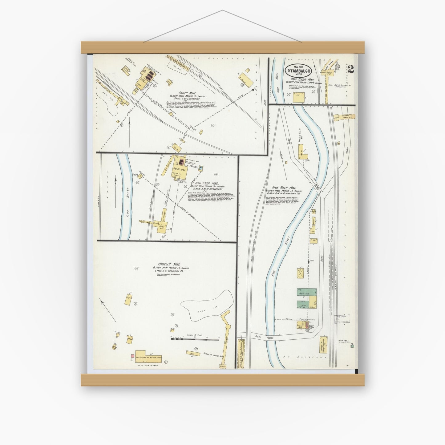 Old map wall art mockup — magnetic wood frame on white wall — Sanborn Fire Insurance Map from Stambaugh, Iron County, Michigan (1900), Sheet #0002