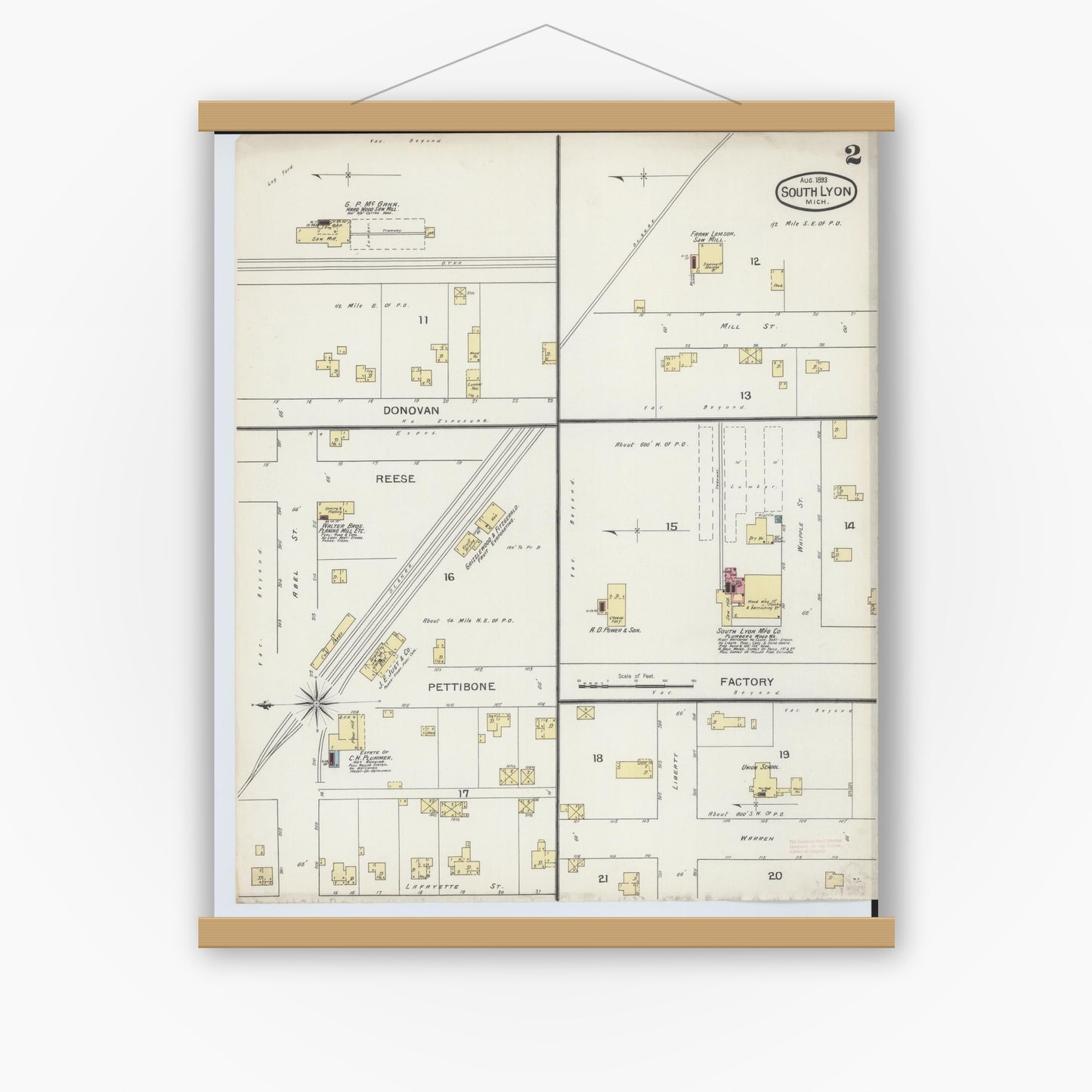Old map wall art mockup — magnetic wood frame on white wall — Sanborn Fire Insurance Map from South Lyon, Oakland County, Michigan (1893), Sheet #0002