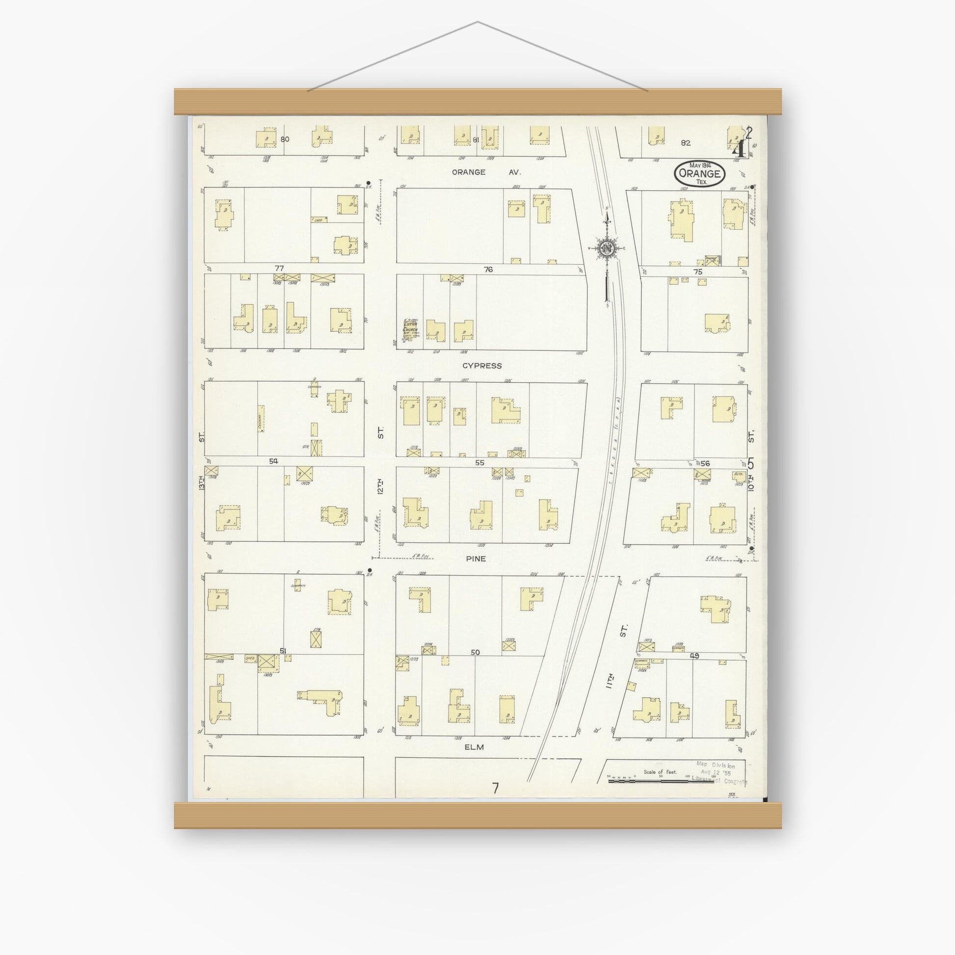 Old map wall art mockup — magnetic wood frame on white wall — Sanborn Fire Insurance Map from Orange, Orange County, Texas (1914), Sheet #0004