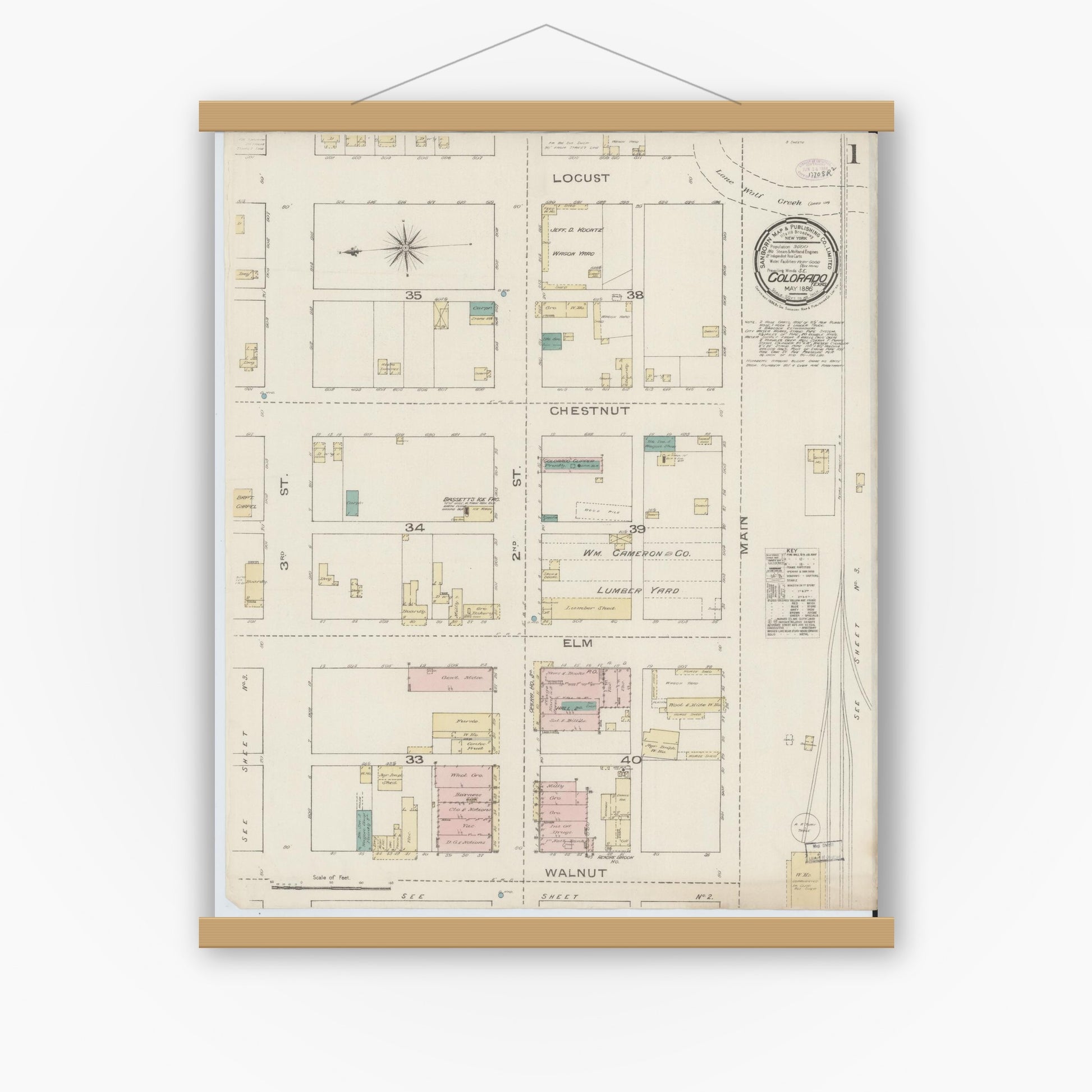 Old map wall art mockup — magnetic wood frame on white wall — Sanborn Fire Insurance Map from Colorado, Mitchell County, Texas (1886), Sheet #0001