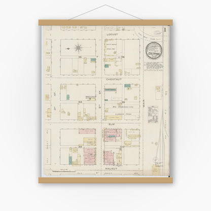 Old map wall art mockup — magnetic wood frame on white wall — Sanborn Fire Insurance Map from Colorado, Mitchell County, Texas (1886), Sheet #0001