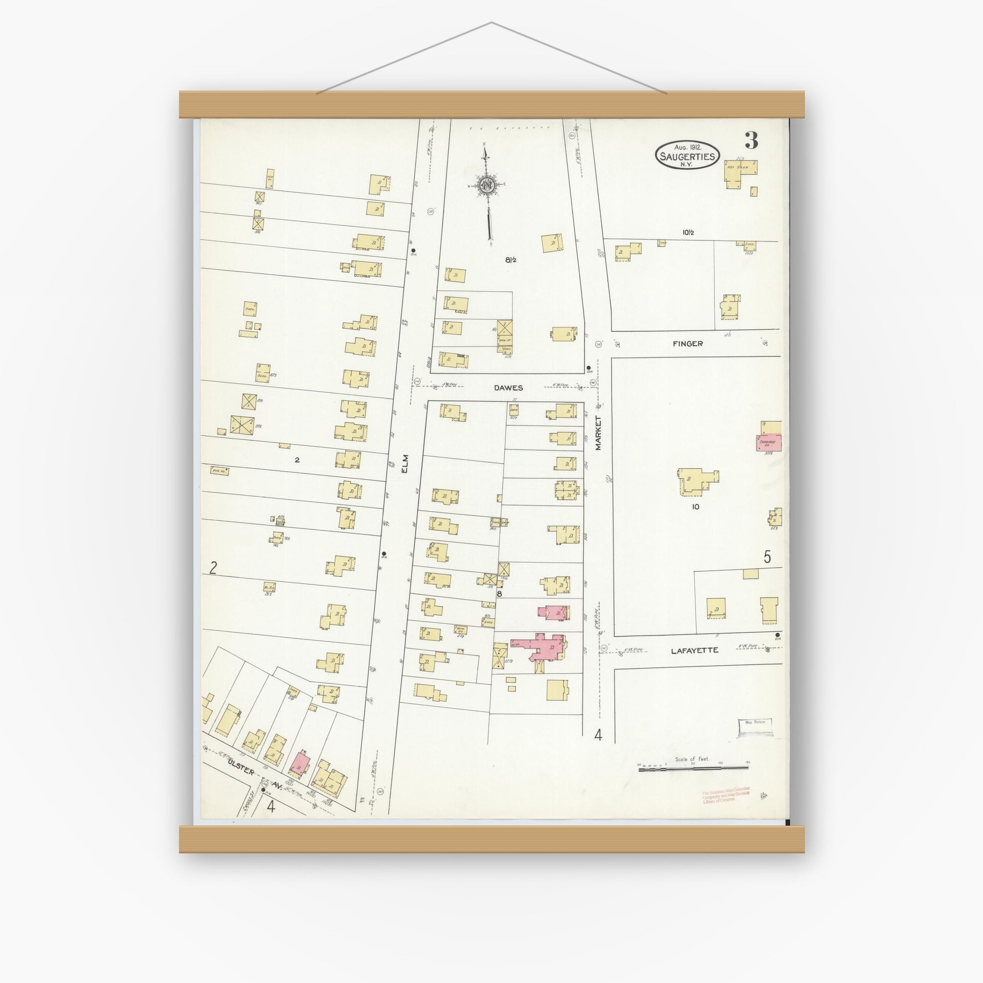 Old map wall art mockup — magnetic wood frame on white wall — Sanborn Fire Insurance Map from Saugerties, Ulster County, New York (1912), Sheet #0003