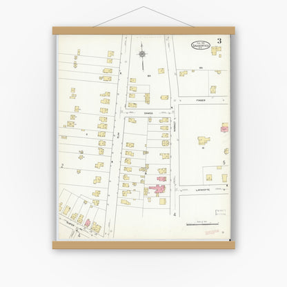 Old map wall art mockup — magnetic wood frame on white wall — Sanborn Fire Insurance Map from Saugerties, Ulster County, New York (1912), Sheet #0003