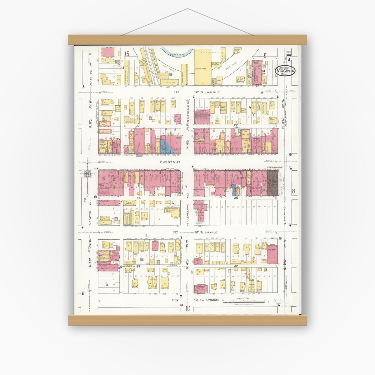 Old map wall art mockup — magnetic wood frame on white wall — Sanborn Fire Insurance Map from Virginia, Saint Louis County, Minnesota (1921), Sheet #0007