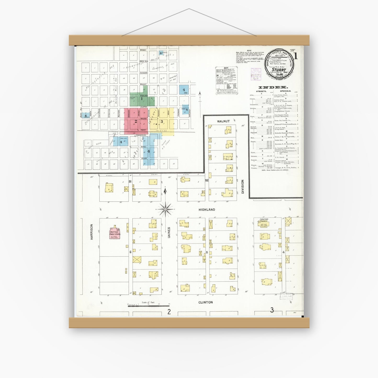 Old map wall art mockup — magnetic wood frame on white wall — Sanborn Fire Insurance Map from Stuart, Guthrie and Adair Counties, Iowa (1901), Sheet #0001