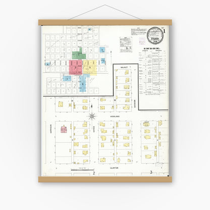 Old map wall art mockup — magnetic wood frame on white wall — Sanborn Fire Insurance Map from Stuart, Guthrie and Adair Counties, Iowa (1901), Sheet #0001